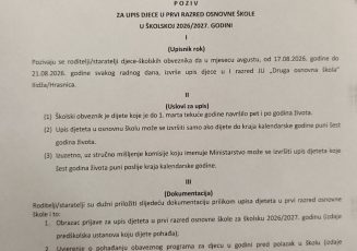 Poziv za upis djece u prvi razred osnovne škole u školskoj 2026/2027. godini